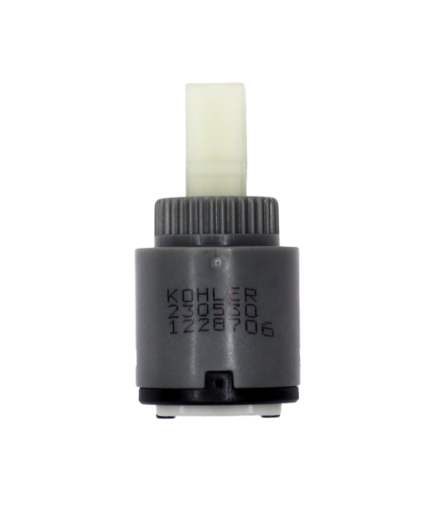 Grey plastic cartridge with white plastic square handle connection with black bottom and clear washer.