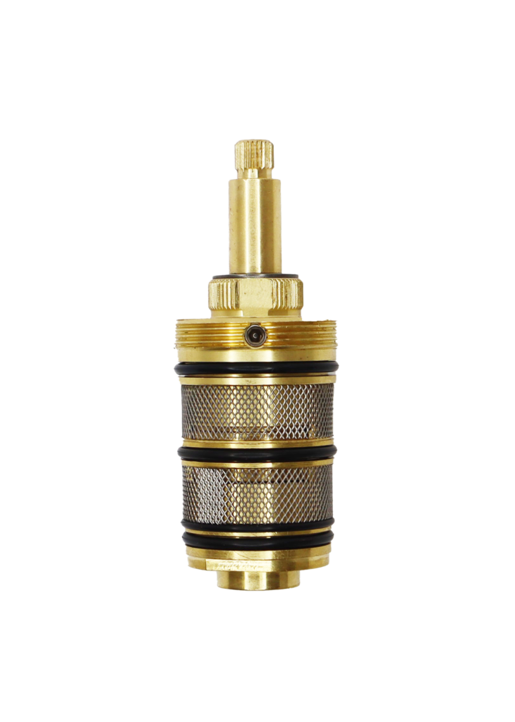 Bright brass cartridge with stainless screen black rubber o-rings and copper thermo.