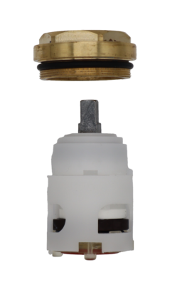 White plastic cartridge with brass bonnet nut square metal handle connection and red rubber seal.