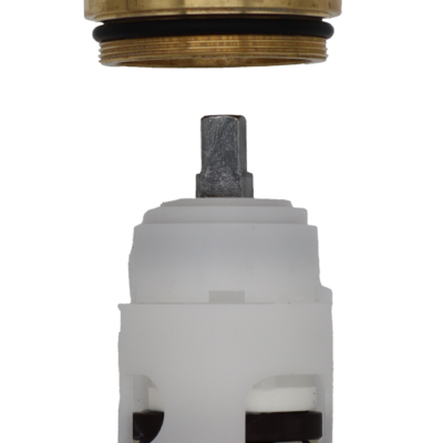 White plastic cartridge with brass bonnet nut square metal handle connection and red rubber seal.