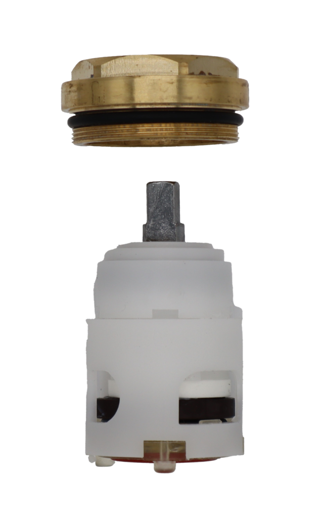 White plastic cartridge with brass bonnet nut square metal handle connection and red rubber seal.