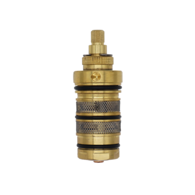 Bright brass body with stainless screens black rubber o-rings and copper thermo.