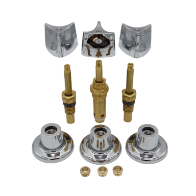 Polished chrome handles and escutcheons with bright brass stems and faucet seats with graphite packings.