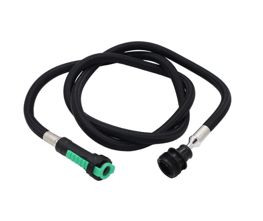 Black braided nylon hose with black plastic spray head connection and black plastic quick connect with green release tab.