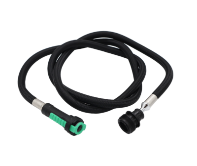 Black braided nylon hose with black plastic spray head connection and black plastic quick connect with green release tab.