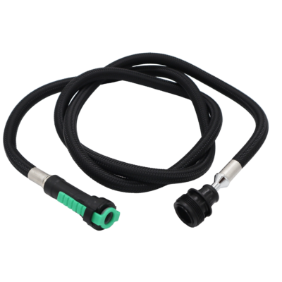 Black braided nylon hose with black plastic spray head connection and black plastic quick connect with green release tab.