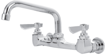 Polished chrome back mount faucet for commerical kitchens and vintage farm sinks.