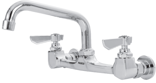 Polished chrome back mount faucet for commerical kitchens and vintage farm sinks.