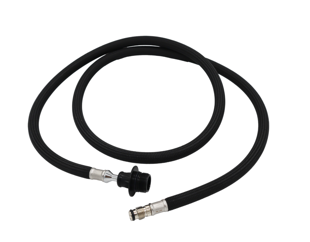 Black braided hose with plastic spray connection and polished brass faucet connection.