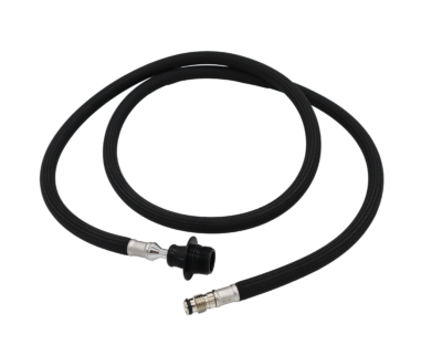 Black braided hose with plastic spray connection and polished brass faucet connection.