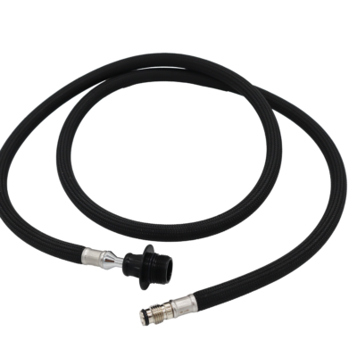 Black braided hose with plastic spray connection and polished brass faucet connection.
