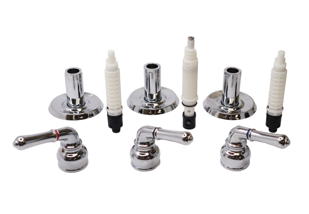 Polished chrome handles and escutcheons white and black plastic cartridges with black rubber seals.