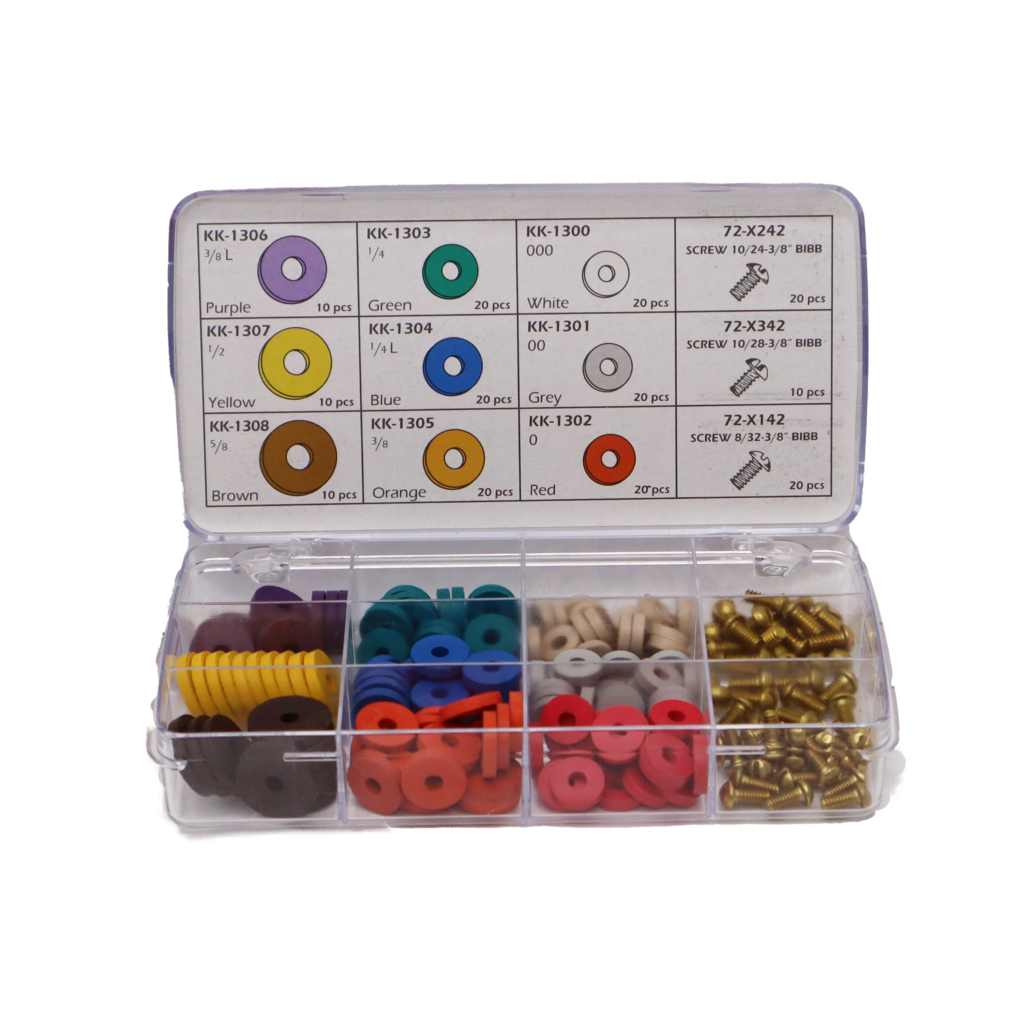 Clear acrylic case with red black yellow blue green & purple rubber washers with bright brass screws.