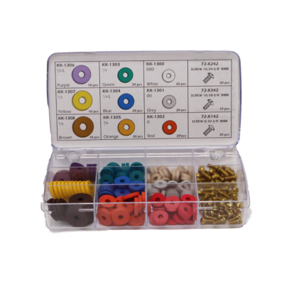 Clear acrylic case with red black yellow blue green & purple rubber washers with bright brass screws.