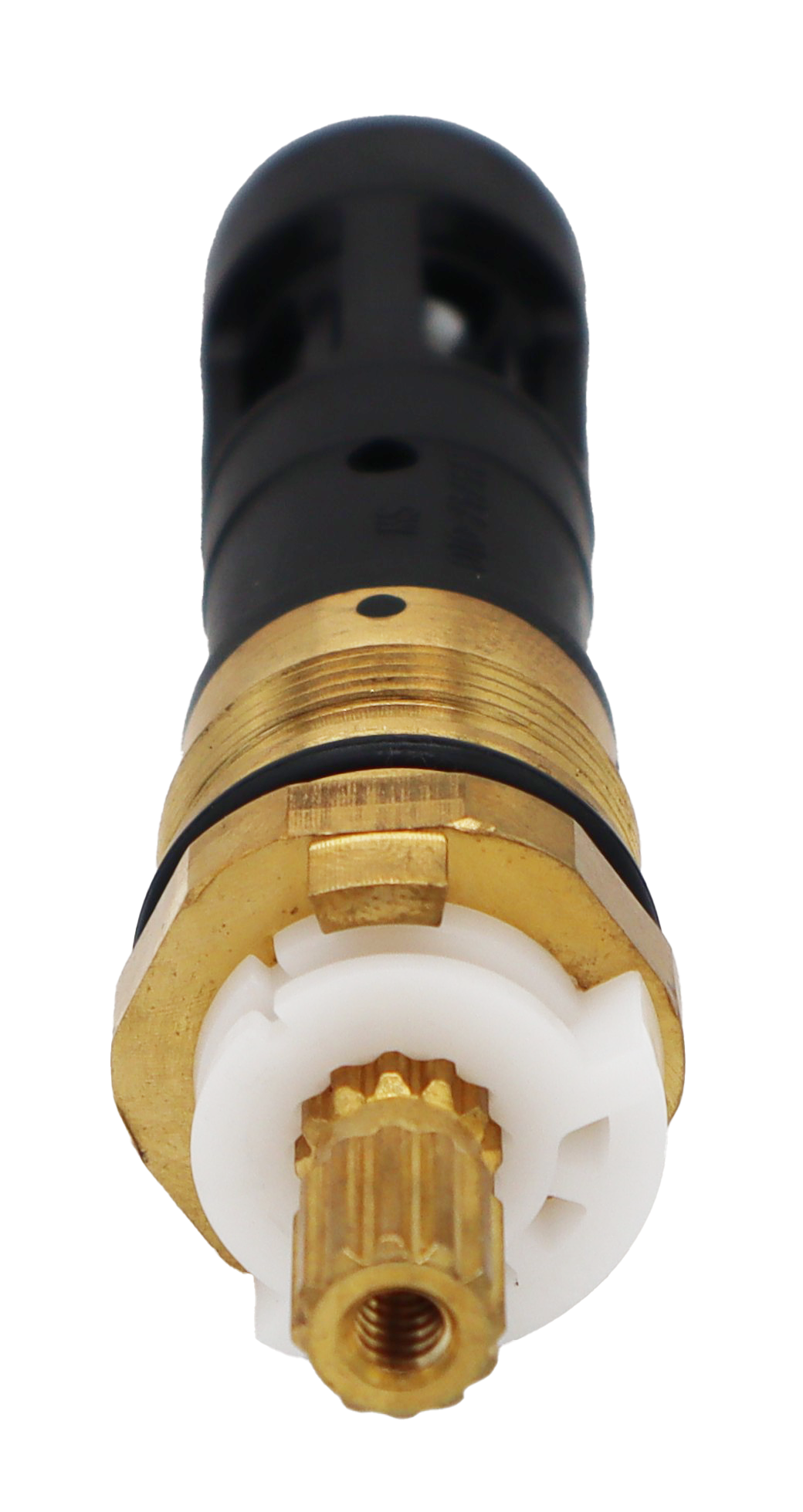 Brass and black plastic cartridge with white ceramic disc and handle stop with black o-ring and rubber seal.