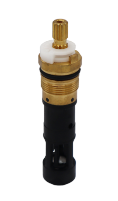 Brass and black plastic cartridge with white ceramic disc and handle stop with black o-ring and rubber seal.