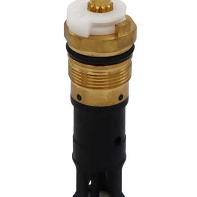 Brass and black plastic cartridge with white ceramic disc and handle stop with black o-ring and rubber seal.