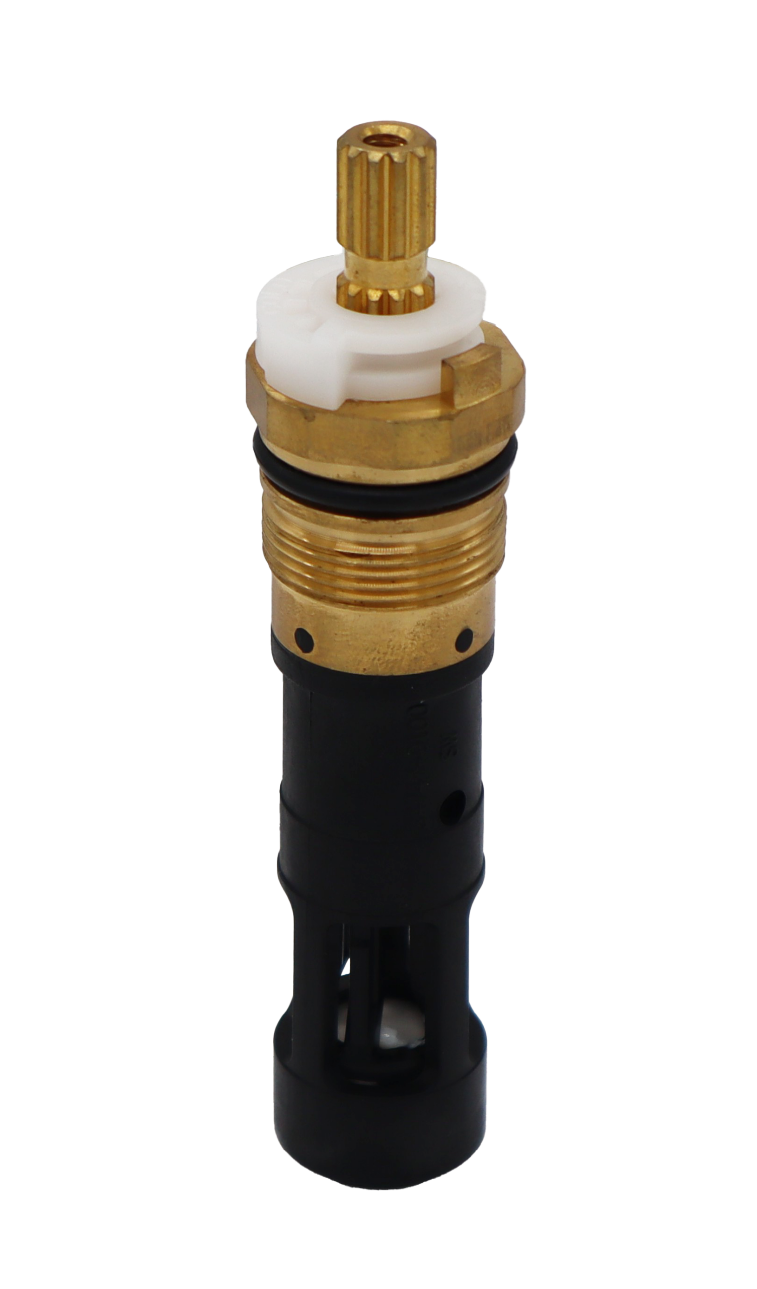 Brass and black plastic cartridge with white ceramic disc and handle stop with black o-ring and rubber seal.