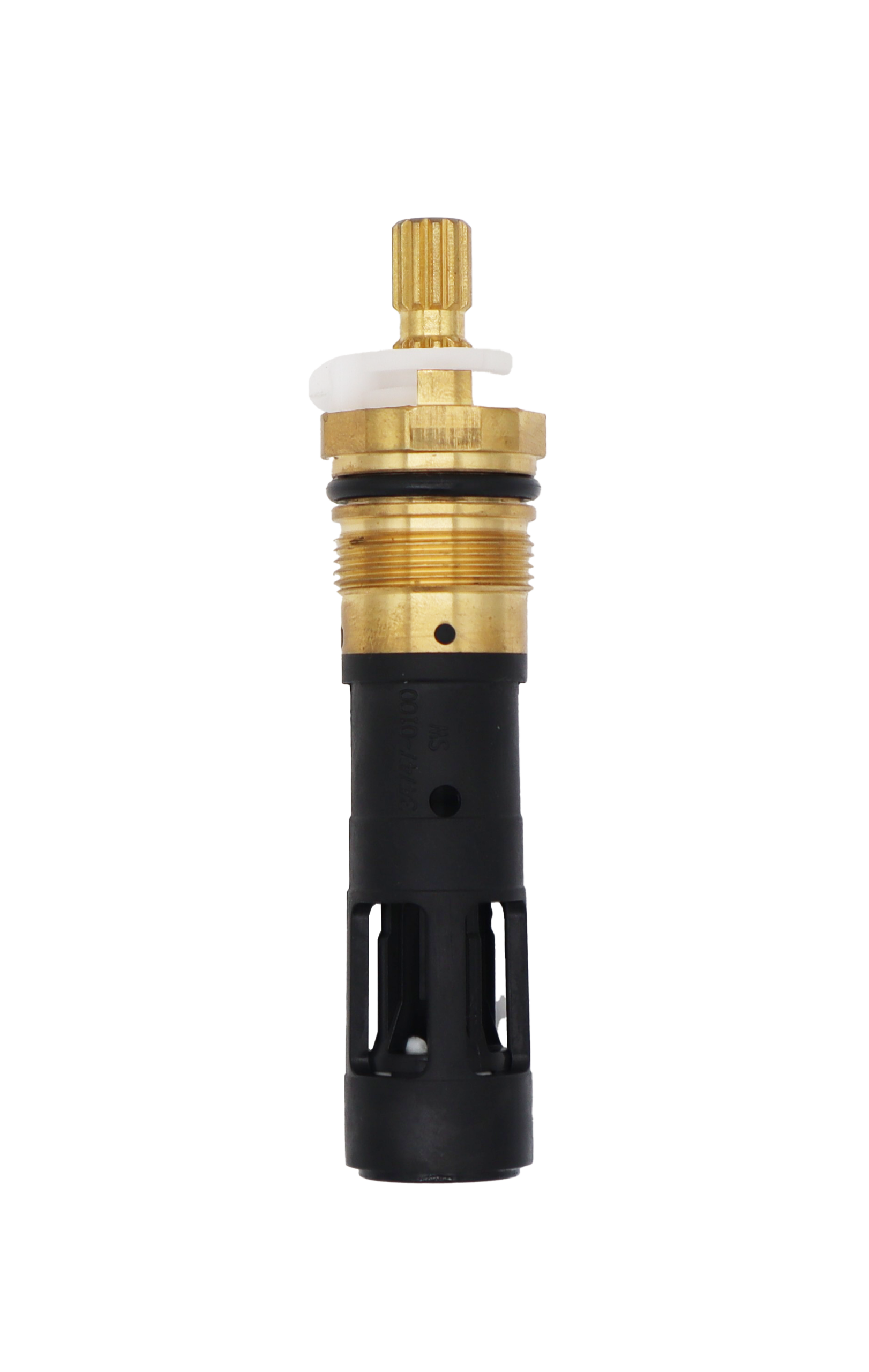 Brass and black plastic cartridge with white ceramic disc and handle stop with black o-ring and rubber seal.