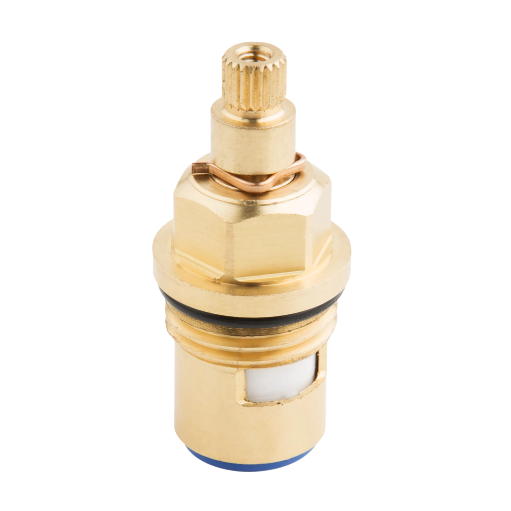 Bright brass cartridge with copper clip black oring white ceramic discs and blue bottom seal.
