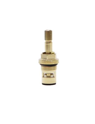 Bright brass cartridge with black oring white ceramic discs and black bottom washer.