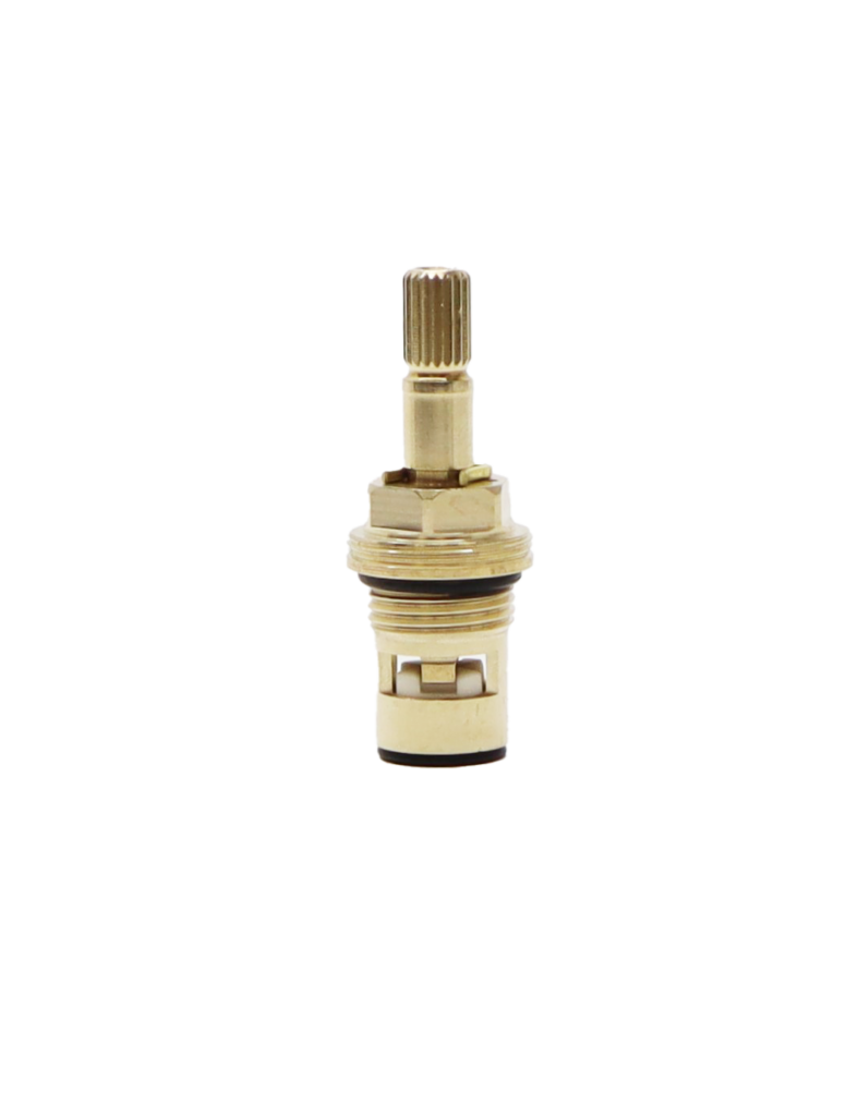Bright brass cartridge with black oring white ceramic discs and black bottom washer.