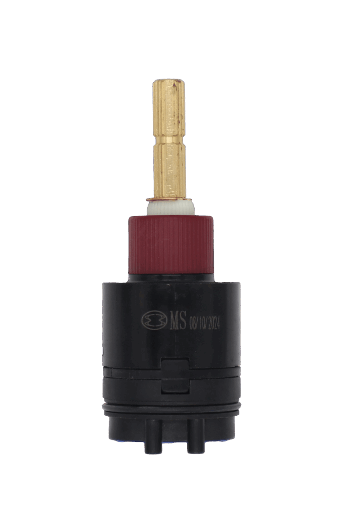 Black plastic cartridge with burgundy limit stop brass stem and black bottom seal.