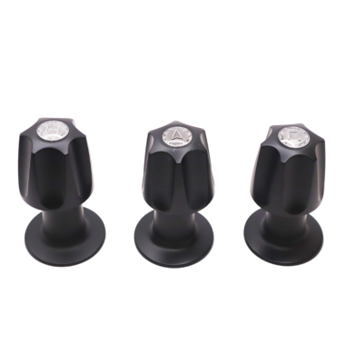 Matte black handles and trim with clear index buttons.