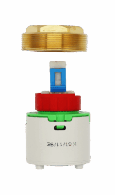 Grey and green plastic cartridge with red limit stop blue plastic clip bright brass bonnet nut and blue rubber seal.