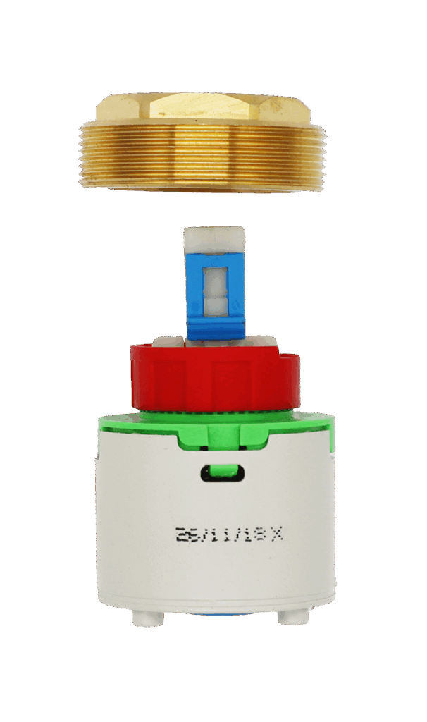 Grey and green plastic cartridge with red limit stop blue plastic clip bright brass bonnet nut and blue rubber seal.