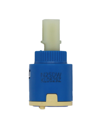 Blue plastic cartridge with white square handle connection tan bottom and blue rubber seal.