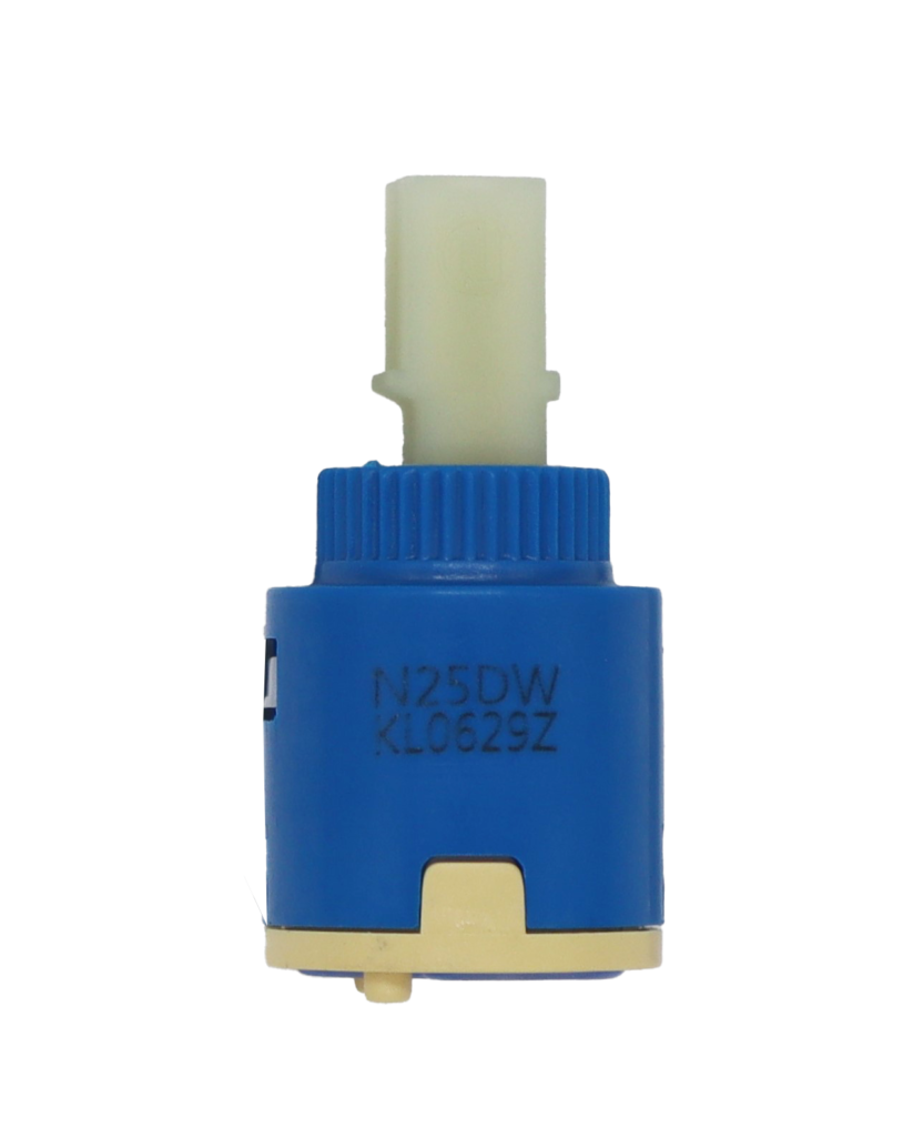 Blue plastic cartridge with white square handle connection tan bottom and blue rubber seal.
