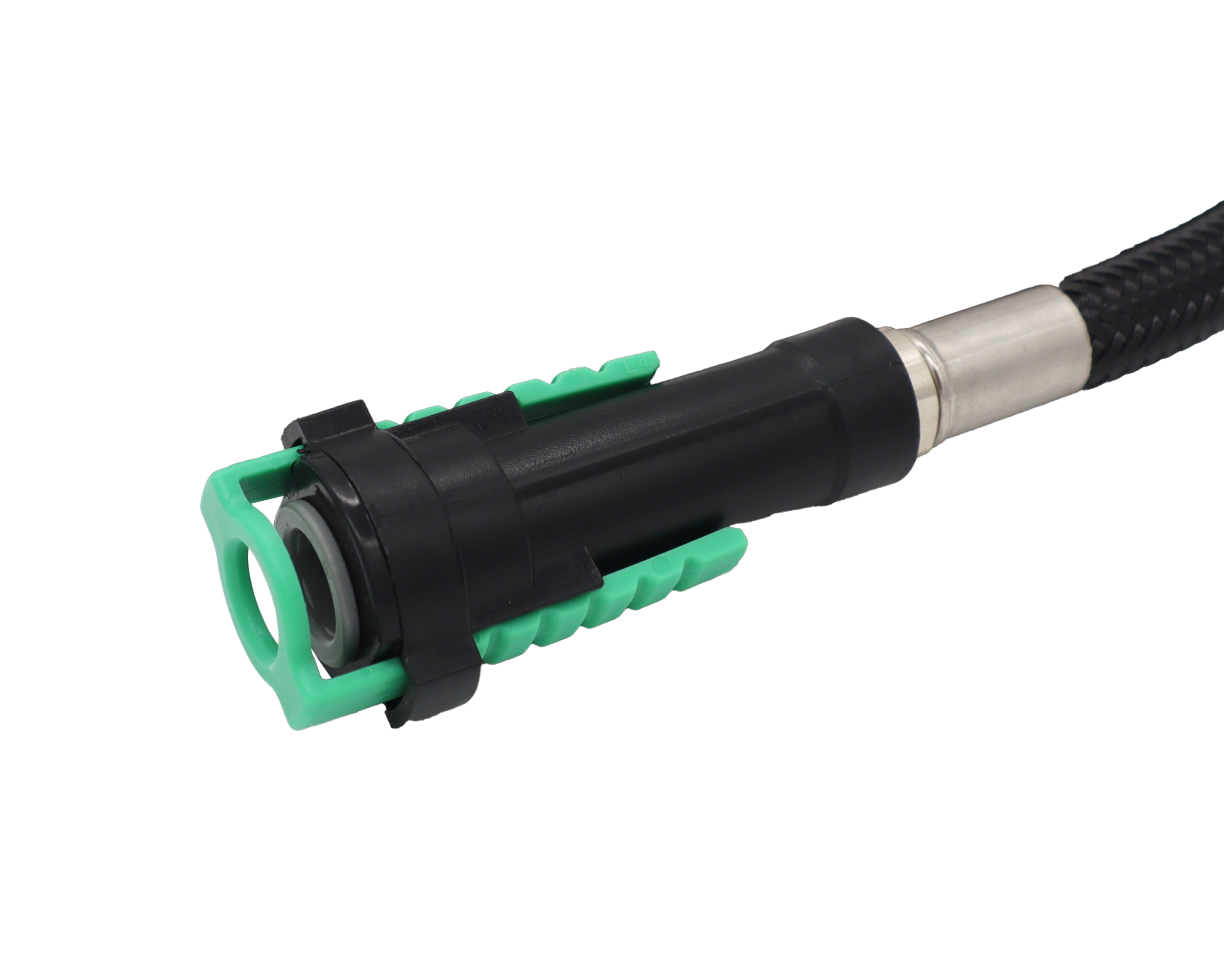 Black plastic quick connect with green release tab.