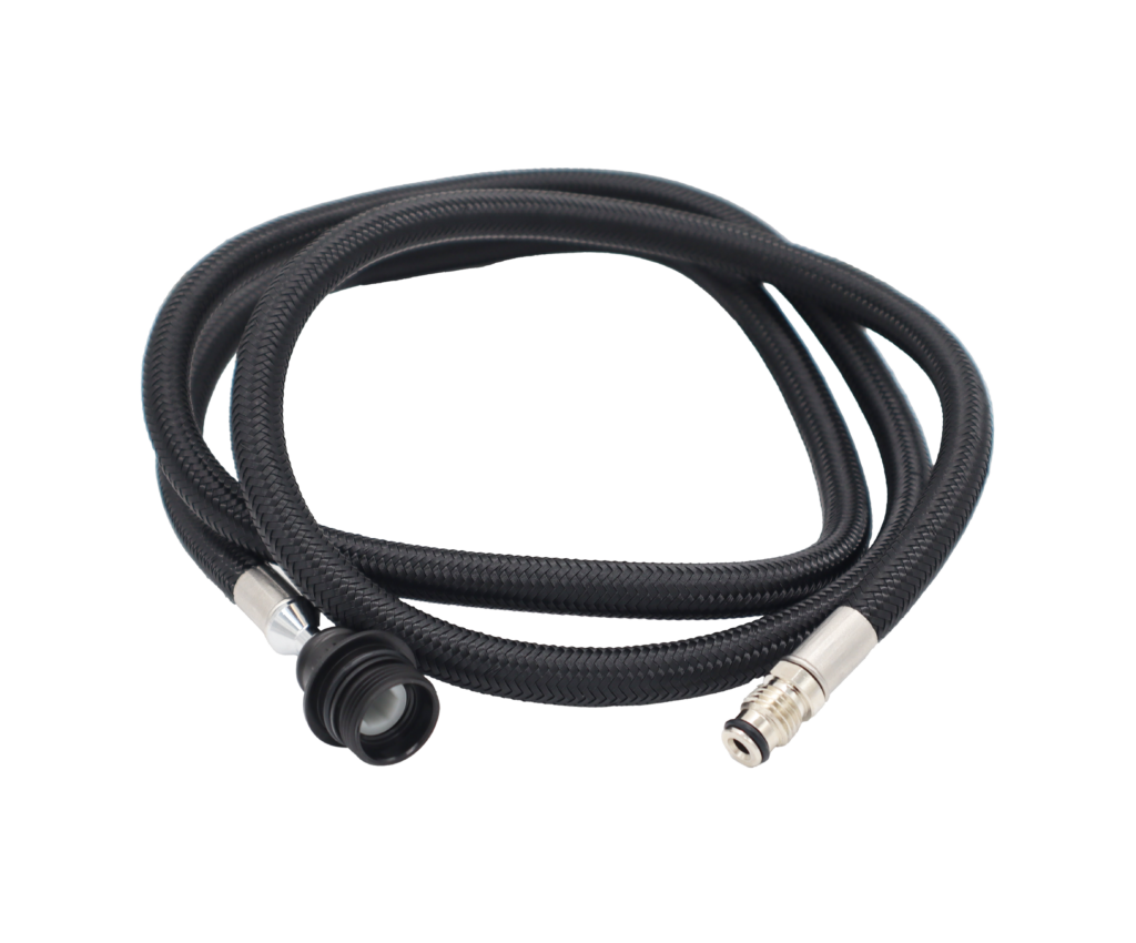 Black braided nylon hose with black plastic spray head connection and polished chrome faucet connection.