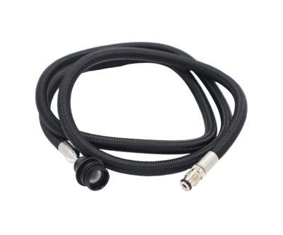 Black braided nylon hose with black plastic spray head connection and polished chrome faucet connection.