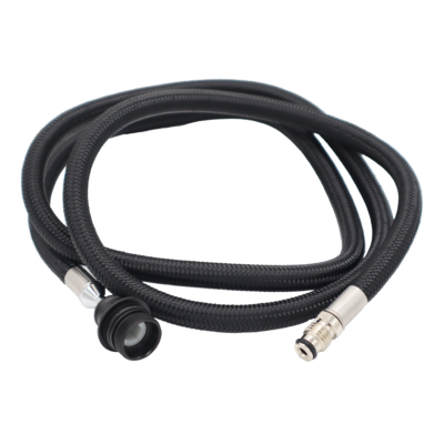 Black braided nylon hose with black plastic spray head connection and polished chrome faucet connection.