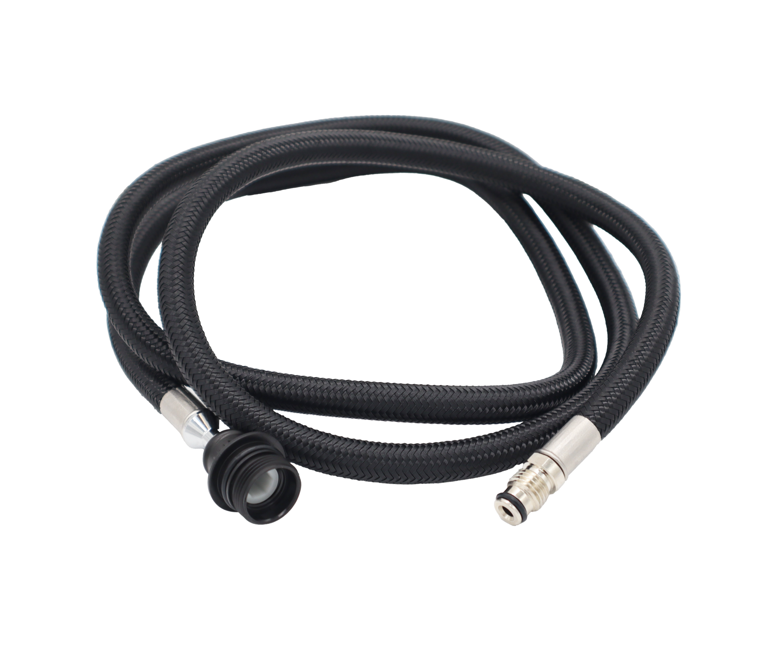 Black braided nylon hose with black plastic spray head connection and polished chrome faucet connection.