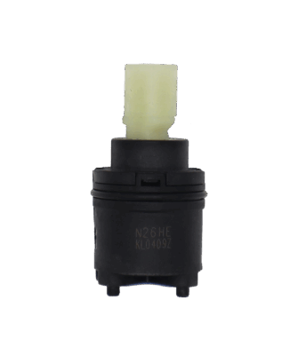Black plastic cartridge with white square plastic handle connection with blue bottom seal. n26he printed on cartridge.