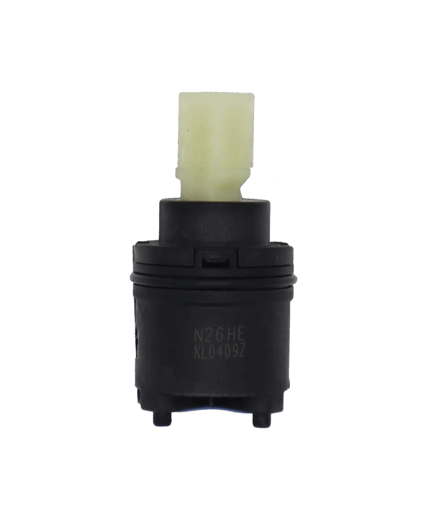 Black plastic cartridge with white square plastic handle connection with blue bottom seal. n26he printed on cartridge.