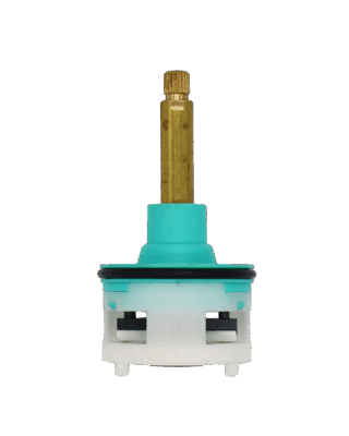 Green and white plastic cartridge with brass stem with white ceramic cartridges and black oring.