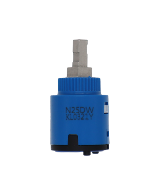 Blue and black plastic cartridge with square metal handle connection with blue rubber seal.