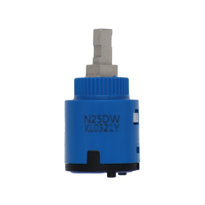 Blue and black plastic cartridge with square metal handle connection with blue rubber seal.