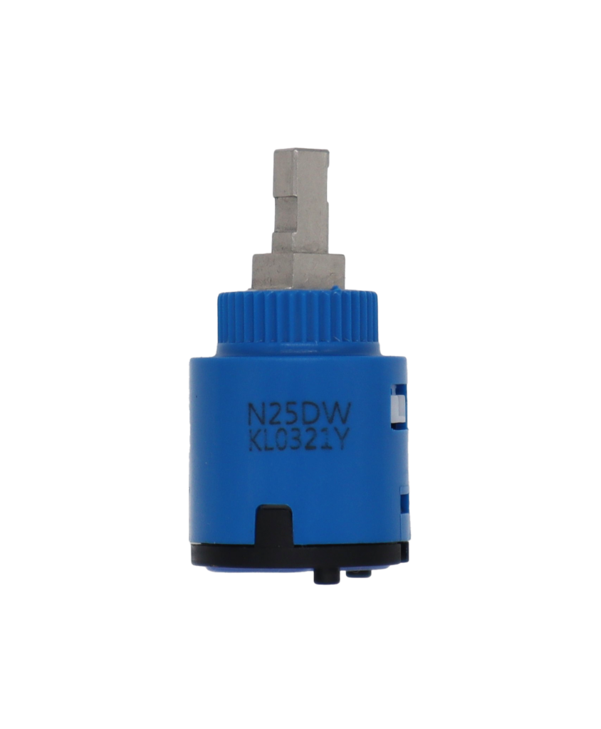 Blue and black plastic cartridge with square metal handle connection with blue rubber seal.
