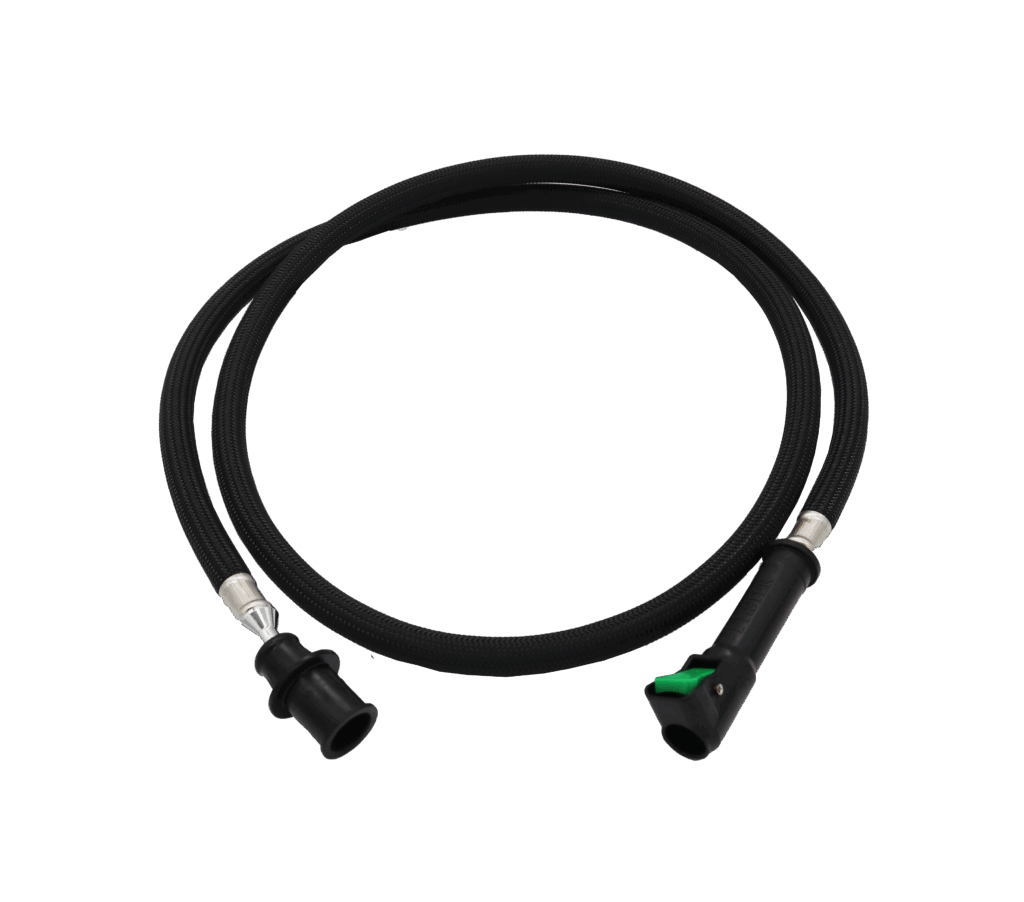 Black braided hose with black plasctic quick connect fitting with green release.
