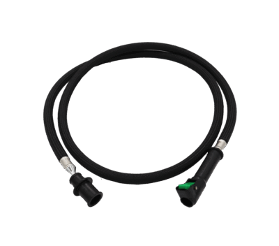 Black braided hose with black plasctic quick connect fitting with green release.