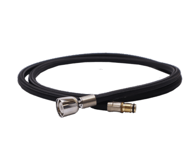 Black braided nylon hose with brass quick connect fitting and polished chrome threaded connection.