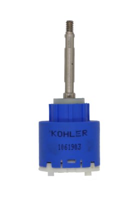 Bright blue plastic cartridge with white top stainless screw top handle connection white bottom and black rubber seal.