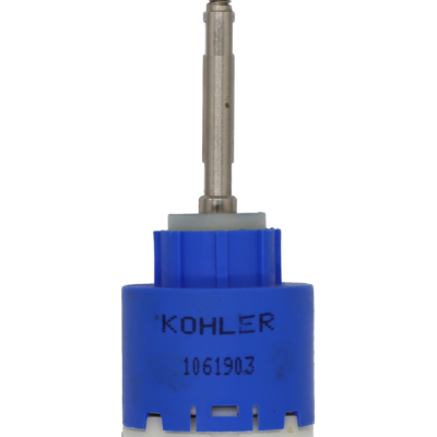 Bright blue plastic cartridge with white top stainless screw top handle connection white bottom and black rubber seal.