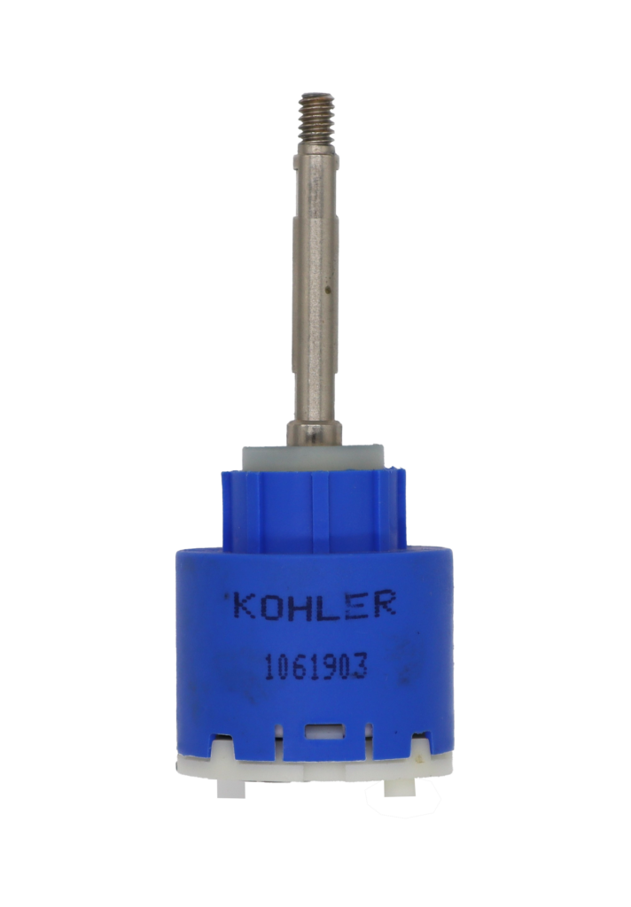 Bright blue plastic cartridge with white top stainless screw top handle connection white bottom and black rubber seal.