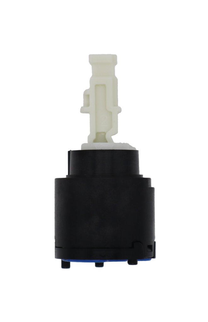 Black and white plastic cartridge with square handle connection and blue rubber bottom seal.